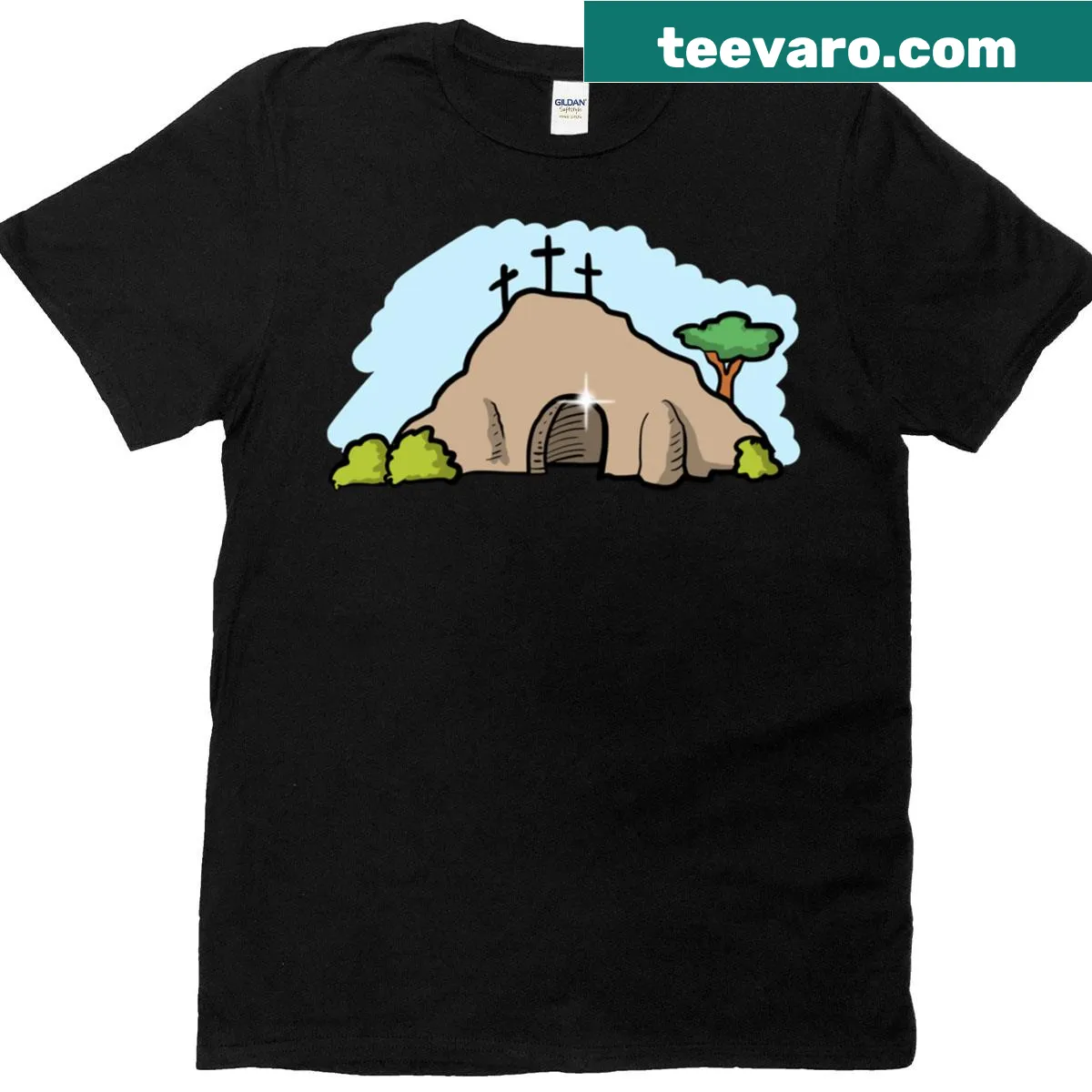 T-shirt featuring artistic representation of the empty tomb and sunrise. — on a men's t-shirt