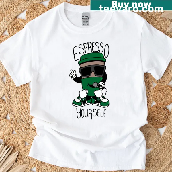 Coffee-themed T-shirt with playful espresso design