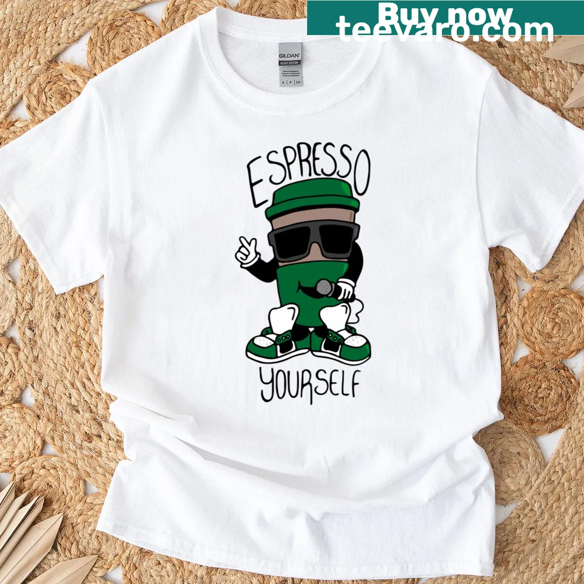 Coffee-themed T-shirt with playful espresso design — on a men's t-shirt
