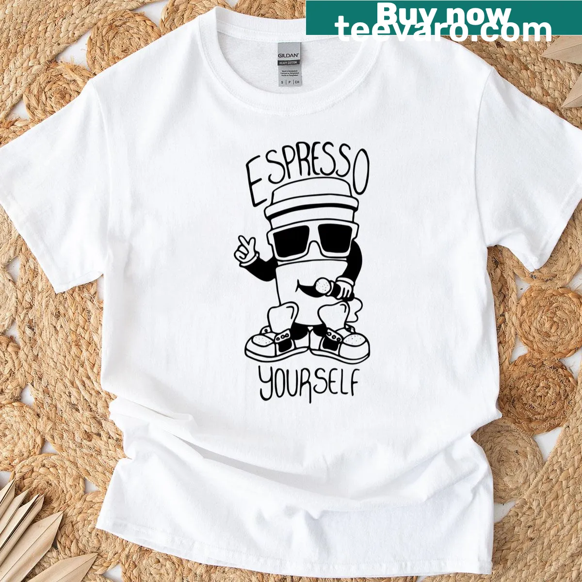 Playful espresso-themed T-shirt for coffee lovers — on a men's t-shirt