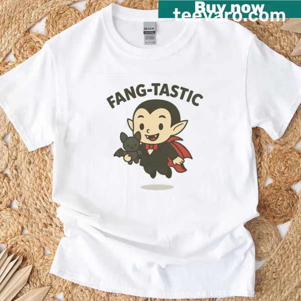 Whimsical vampire graphic on a T-shirt for Halloween
