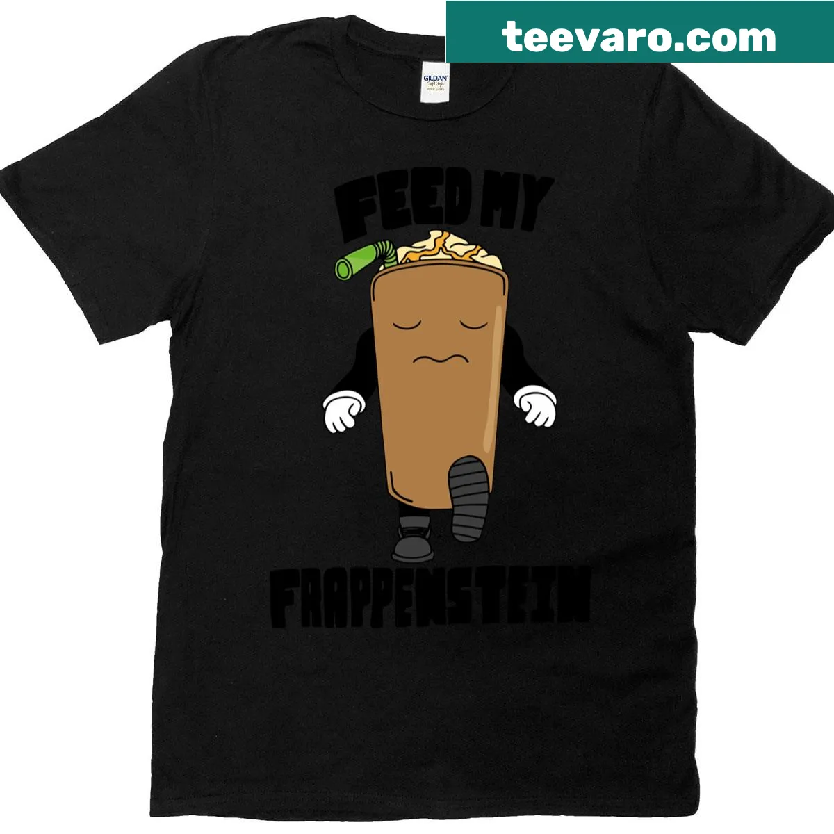 Oversized T-shirt with the phrase Feed My Frappenstein and coffee graphics — on a men's t-shirt