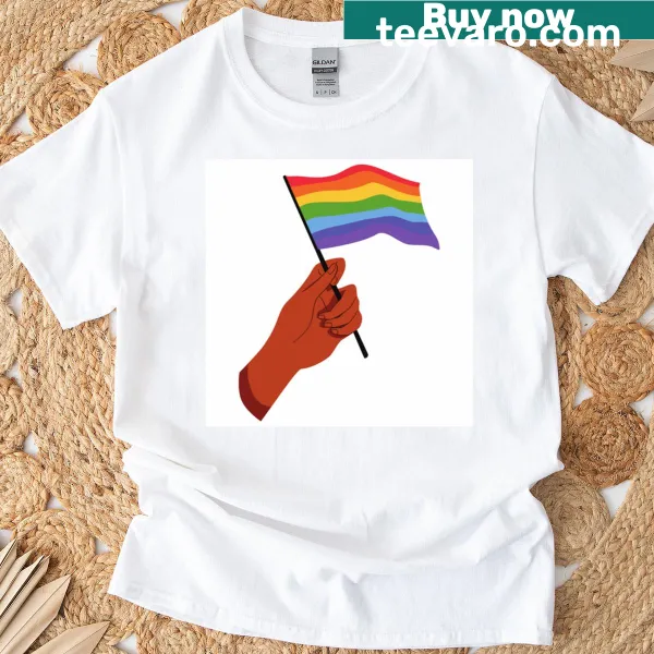 LGBTQ flag graphic on a T-shirt promoting pride and acceptance.