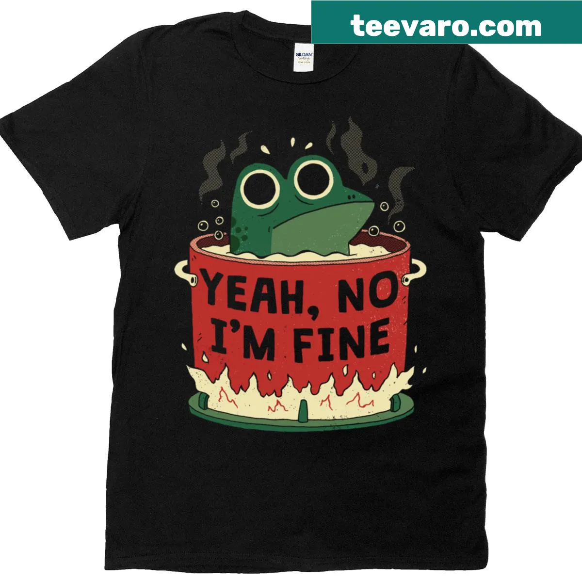 Humorous t-shirt featuring a relaxed frog and the phrase Frog Is Fine — on a men's t-shirt