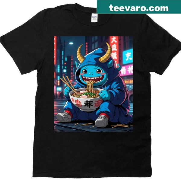 Anime demon holding ramen bowl on oversized tee for gamers