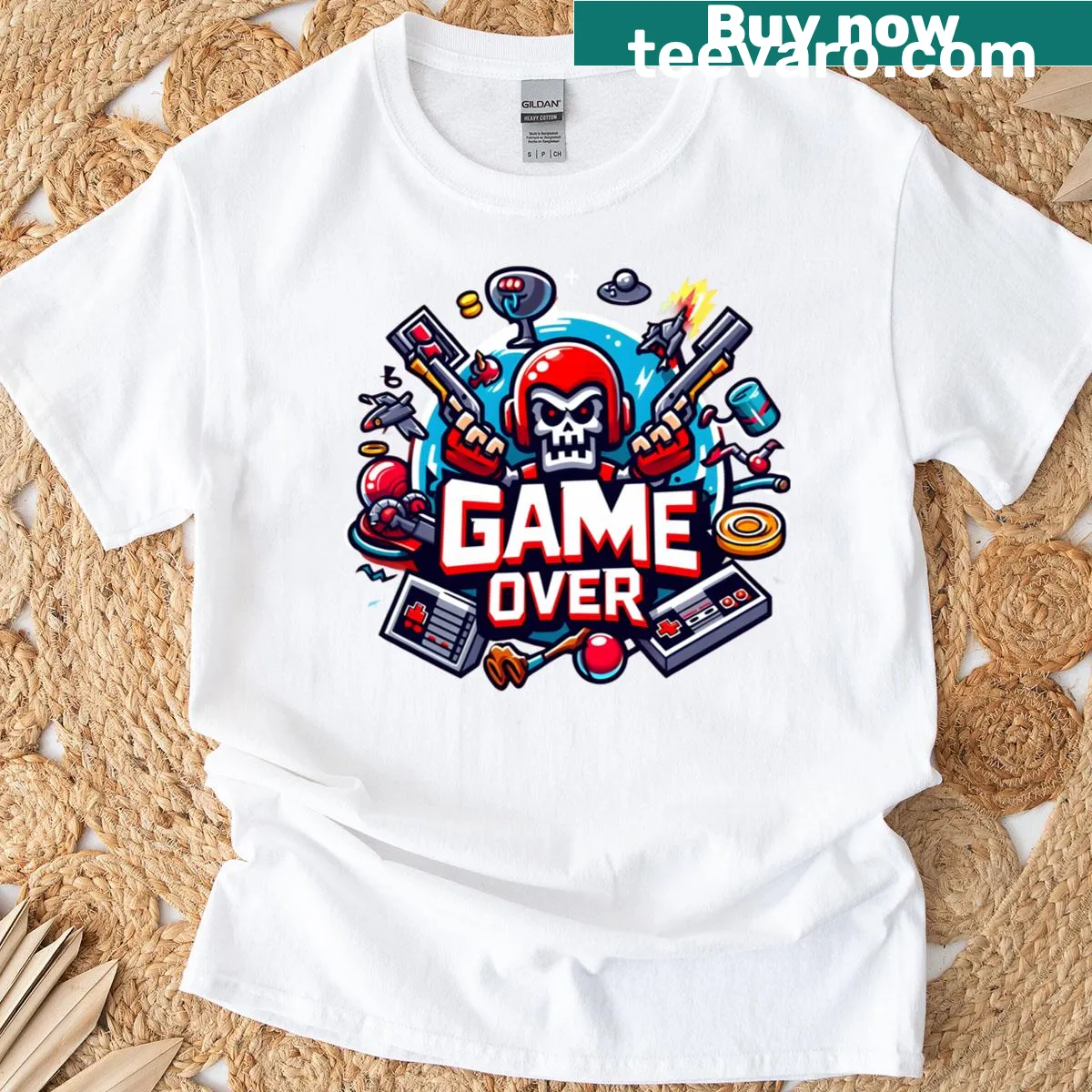 Skull graphic with retro controllers for gaming t-shirt — on a men's t-shirt