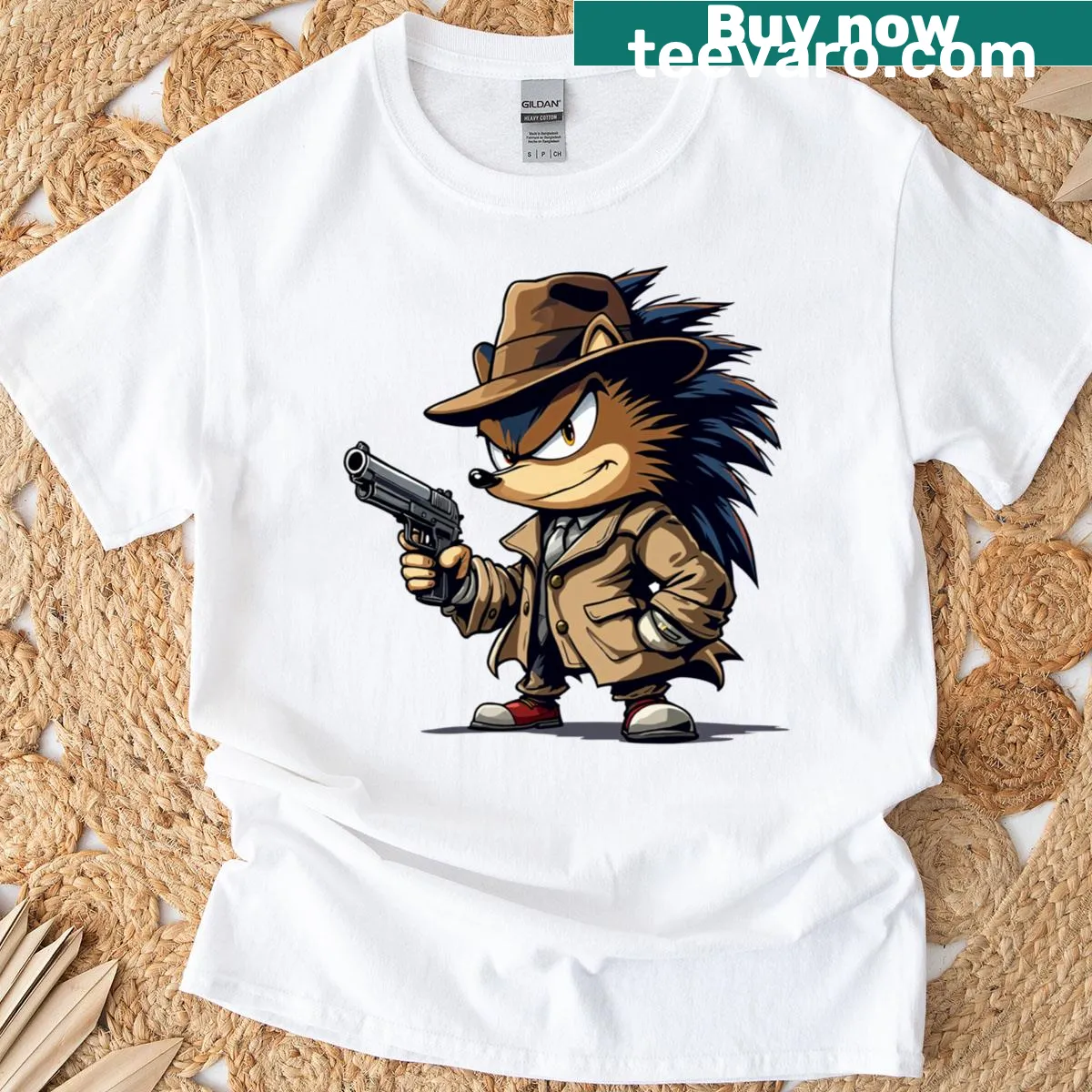 Hilarious gangster hedgehog detective illustration on a T-shirt. — on a men's t-shirt