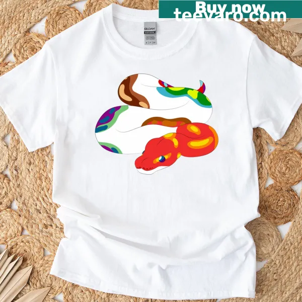 Ball python illustration on a Gay Pride-themed t-shirt.