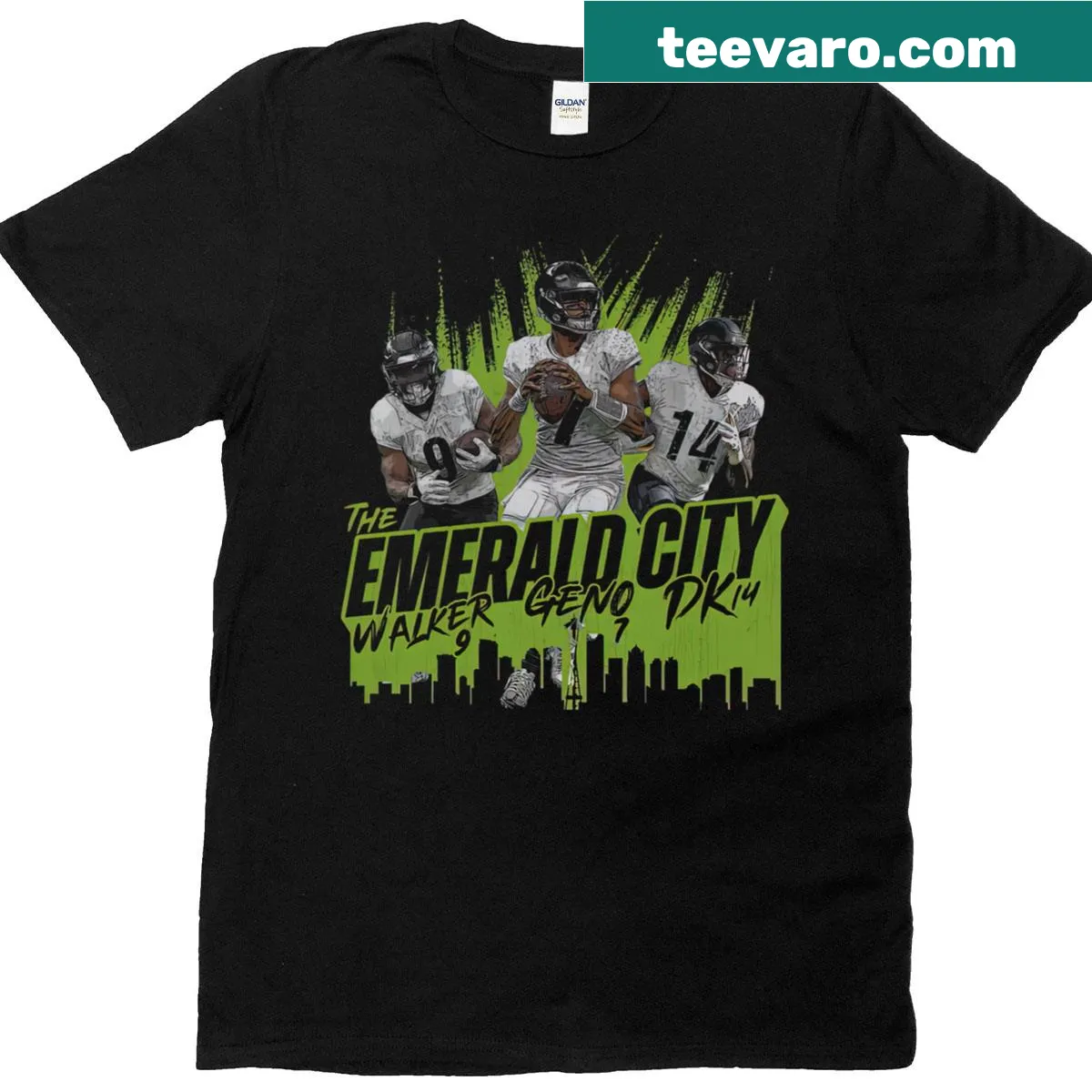 T-shirt featuring Geno Smith, DK Metcalf, and Kenneth Walker III illustrations — on a men's t-shirt