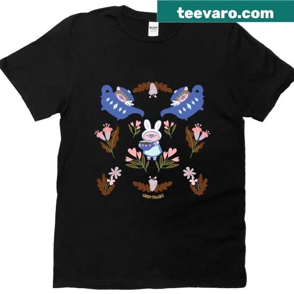 Illustrative t-shirt featuring giddy piggies at a tea party