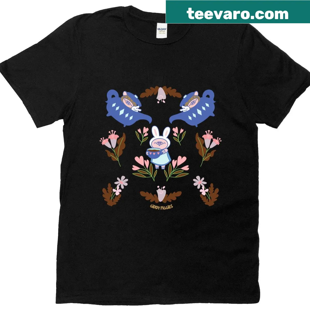 Illustrative t-shirt featuring giddy piggies at a tea party — on a men's t-shirt
