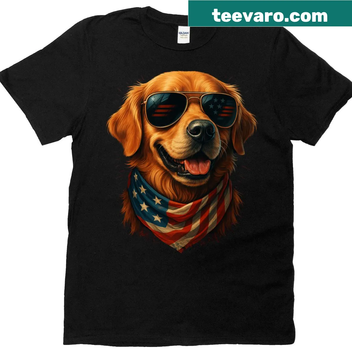 Patriotic t-shirt featuring a golden retriever with an American flag — on a men's t-shirt
