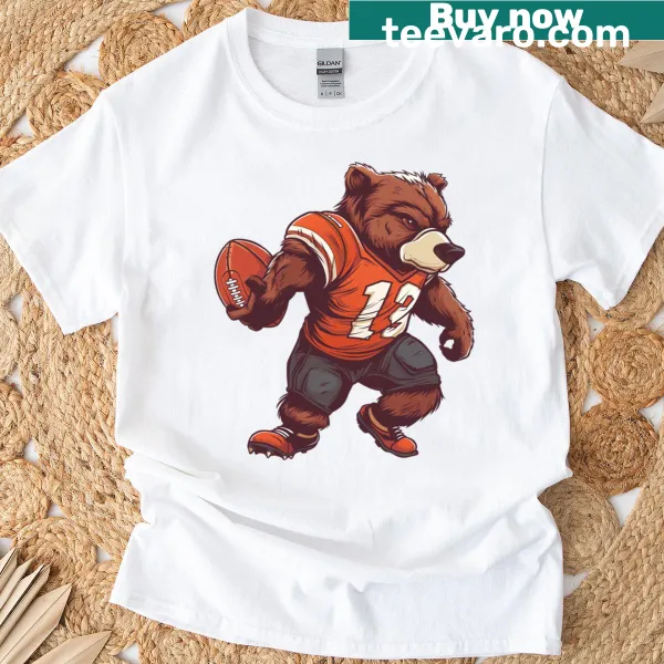 Grizzly bear graphic on a football-themed T-shirt