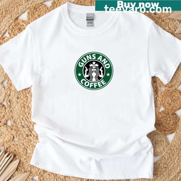 Typography design with guns and coffee theme on T-shirt.