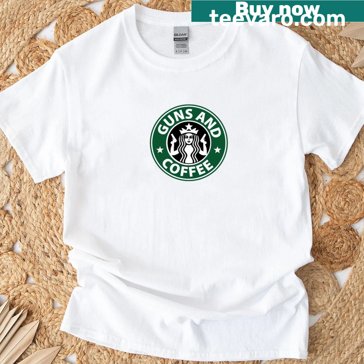 Typography design with guns and coffee theme on T-shirt. — on a men's t-shirt