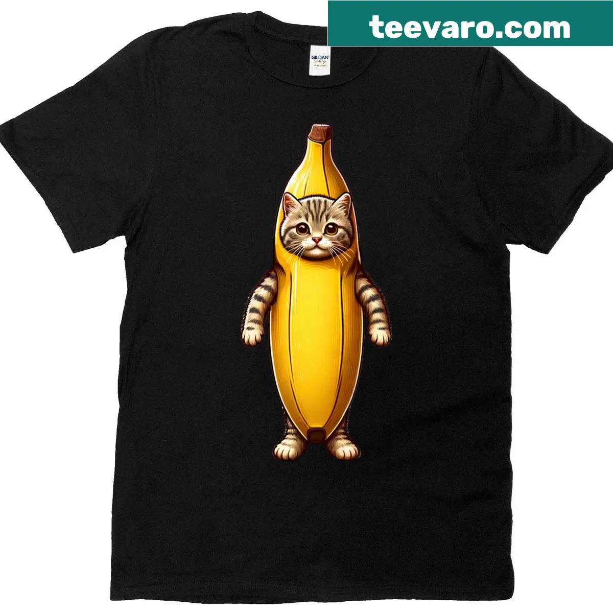 Cute cartoon cat designed as a banana for cat lovers — on a men's t-shirt