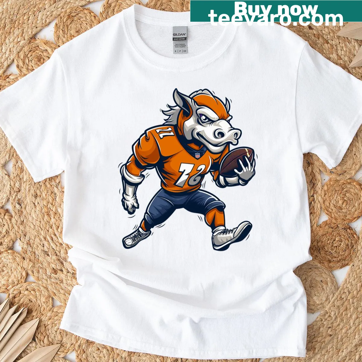 T-shirt with playful graphics combining horses and football — on a men's t-shirt