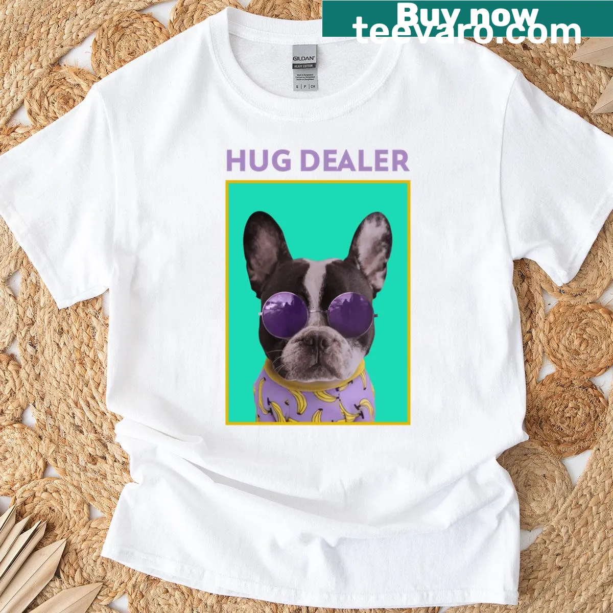 Funny cartoon bulldog wearing sunglasses with 'Hug Dealer' text — on a men's t-shirt