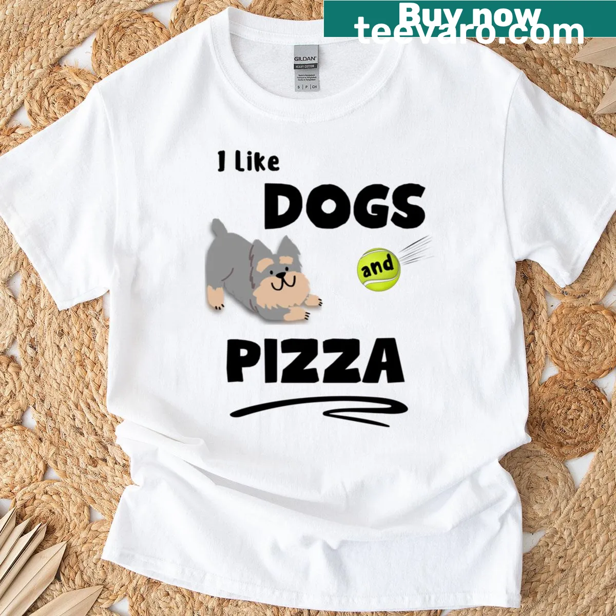 Cute dog and pizza graphic t-shirt celebrating love for pets and food. — on a men's t-shirt