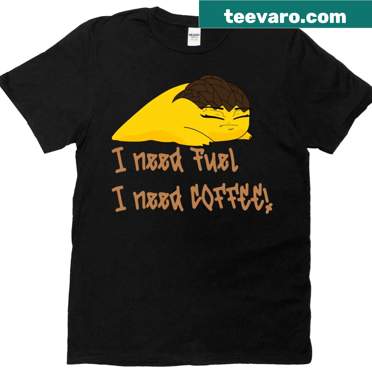 Typography T-shirt with the phrase I Need Fuel I Need Coffee — on a men's t-shirt