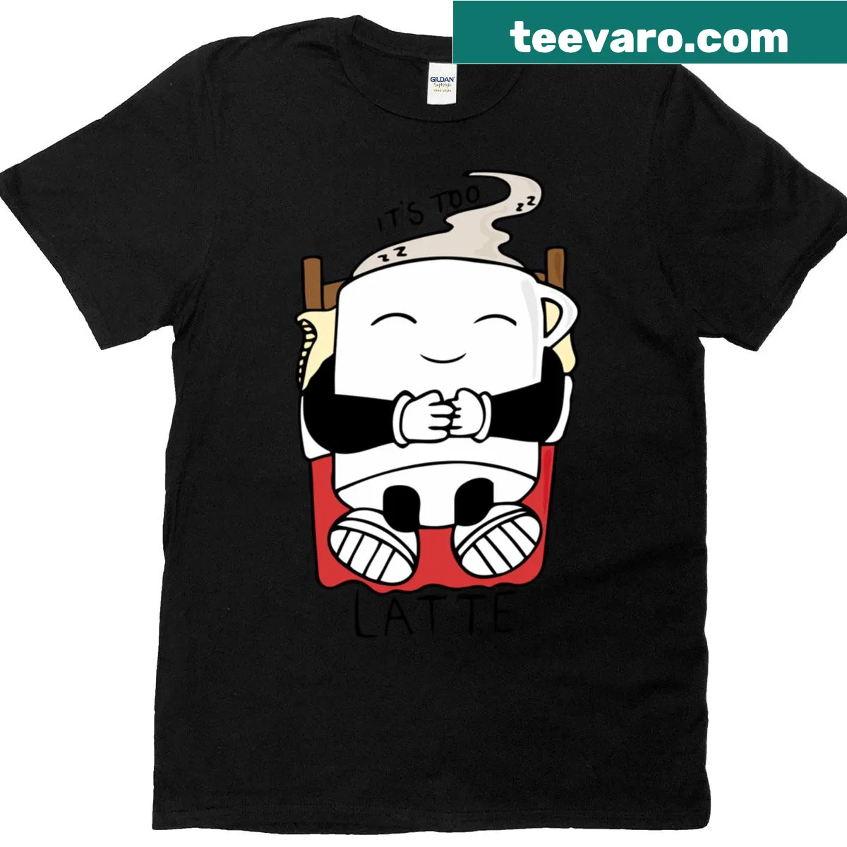 Coffee-themed T-shirt with the phrase 'It's Too Latte' — on a men's t-shirt