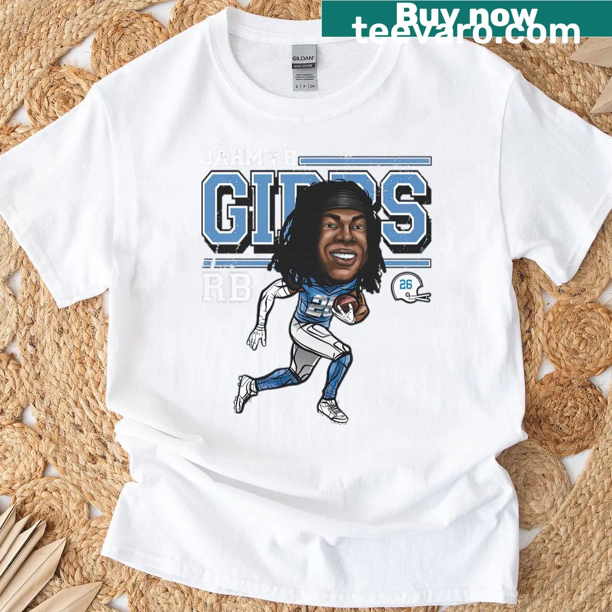 Cartoon-style t-shirt featuring Jahmyr Gibbs in a playful design — on a men's t-shirt