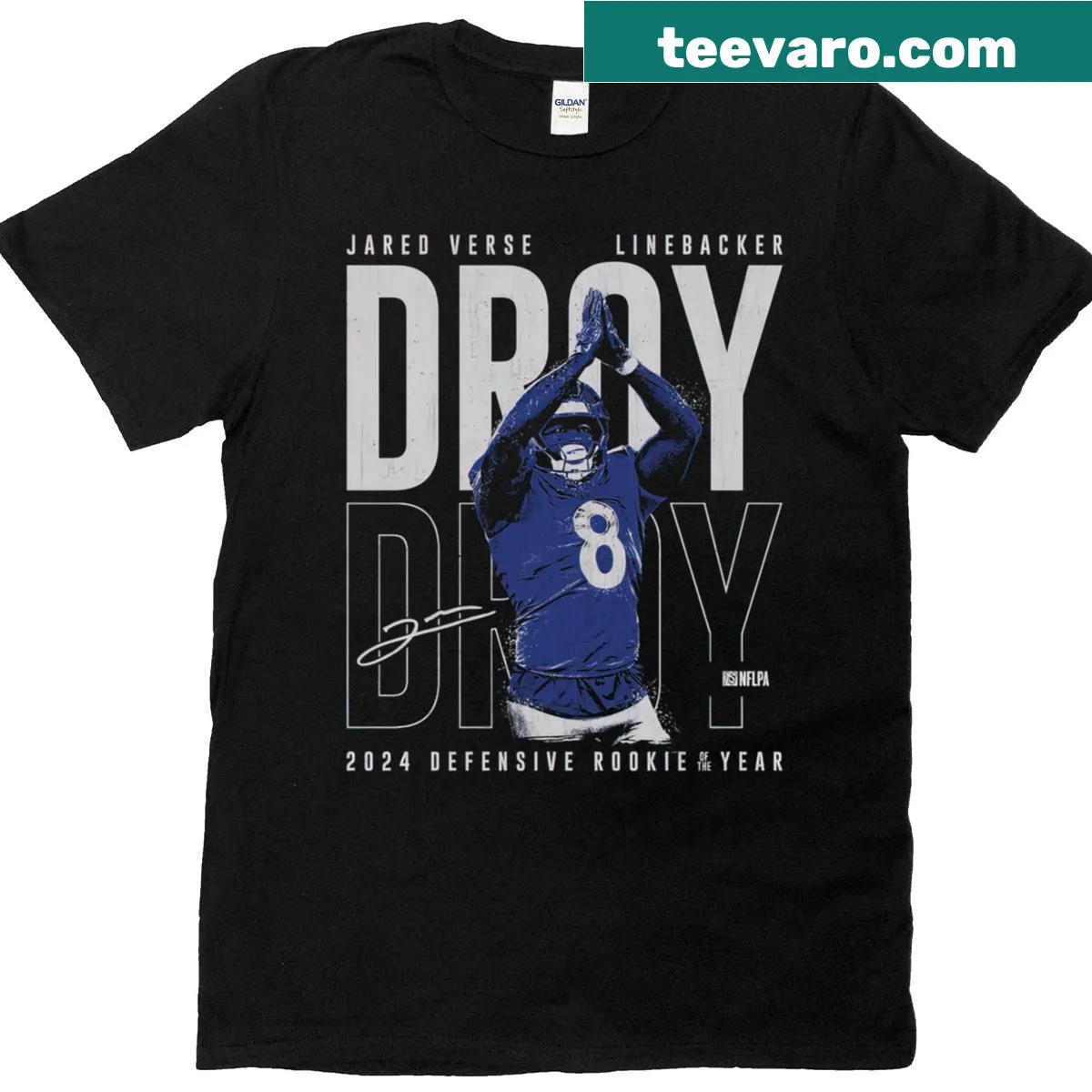Player name t-shirt featuring Jared Verse for 2024 season — on a men's t-shirt