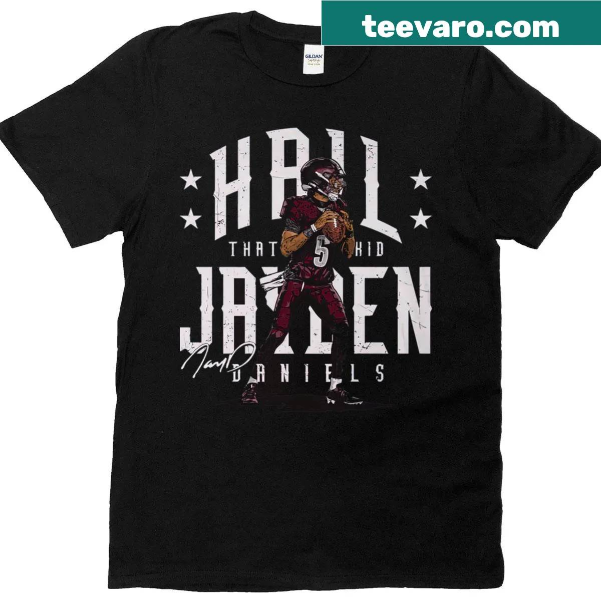 Player name t-shirt featuring Jayden Daniels — on a men's t-shirt