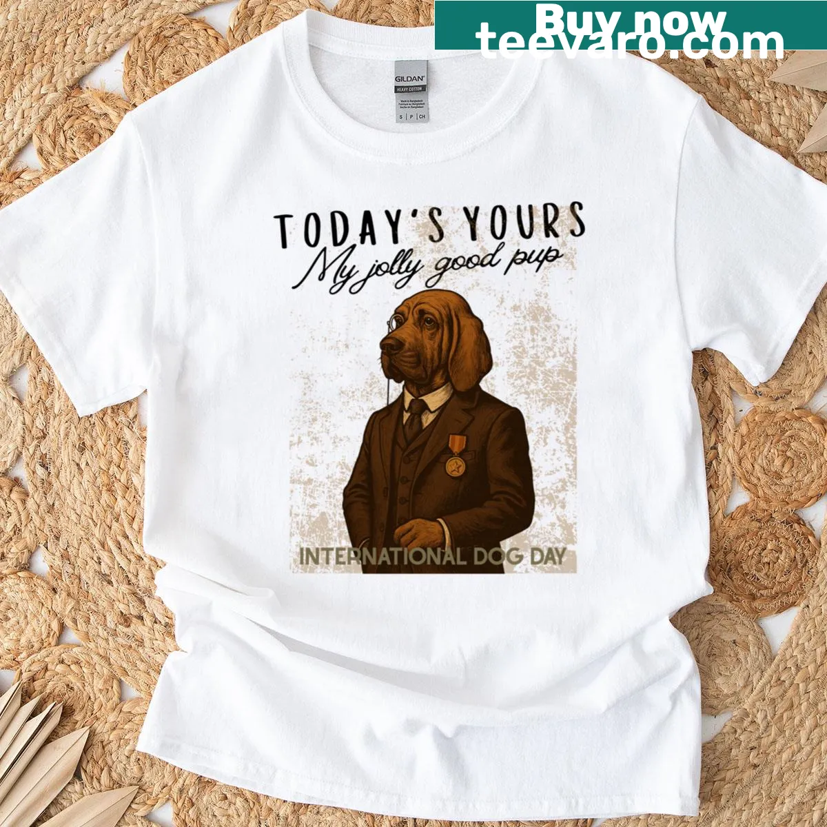 Whimsical Jolly Good Pup t-shirt with playful text design — on a men's t-shirt