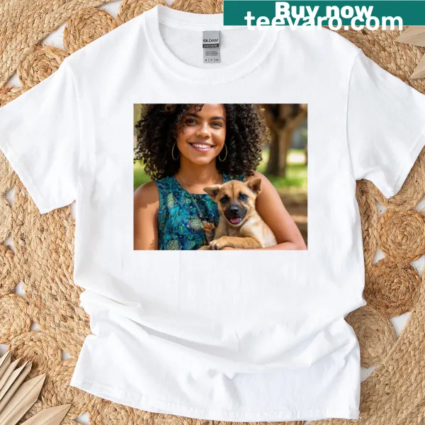 T-shirt featuring a woman and puppy in a joyful moment