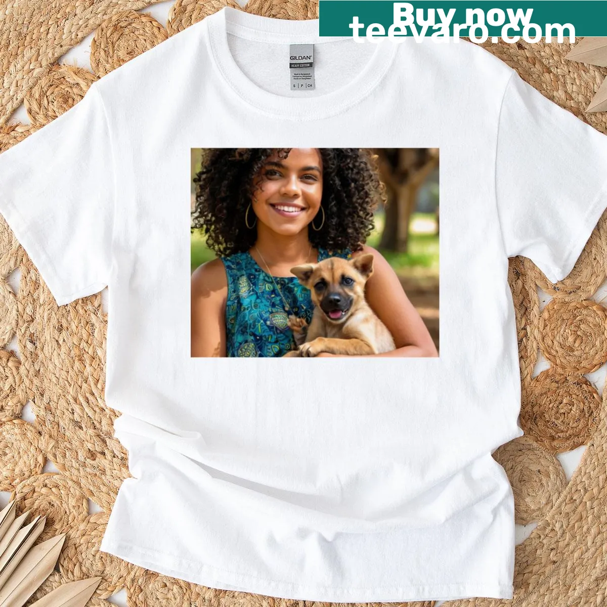 T-shirt featuring a woman and puppy in a joyful moment — on a men's t-shirt