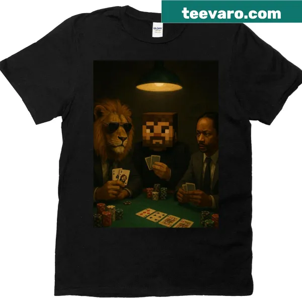 Surreal graphic T-shirt featuring a lion playing poker with Minecraft elements
