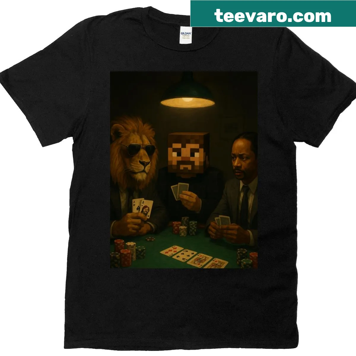 Surreal graphic T-shirt featuring a lion playing poker with Minecraft elements — on a men's t-shirt