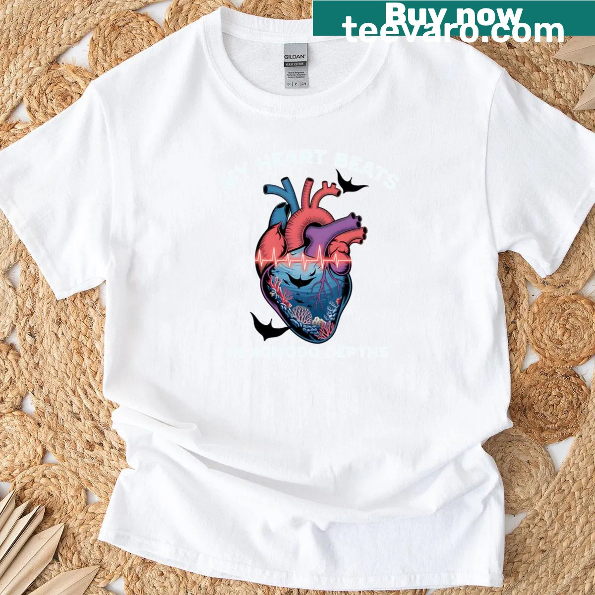 Graphic of underwater exploration on a Komodo Diving T-shirt — on a men's t-shirt