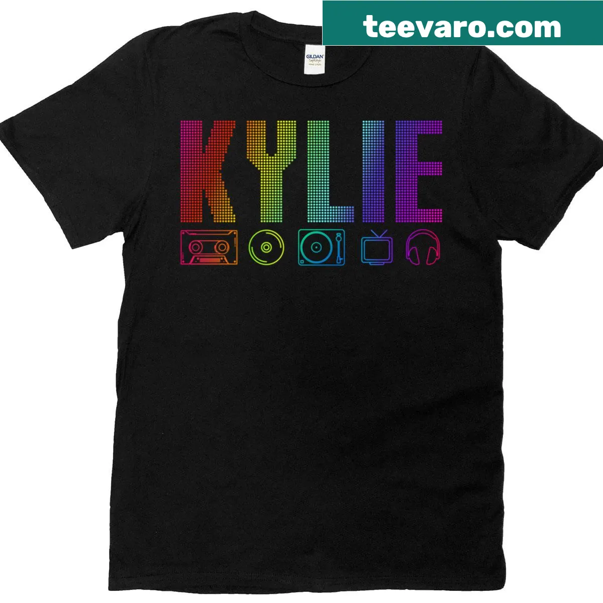 Graphic t-shirt celebrating Kylie Minogue with a rainbow theme — on a men's t-shirt
