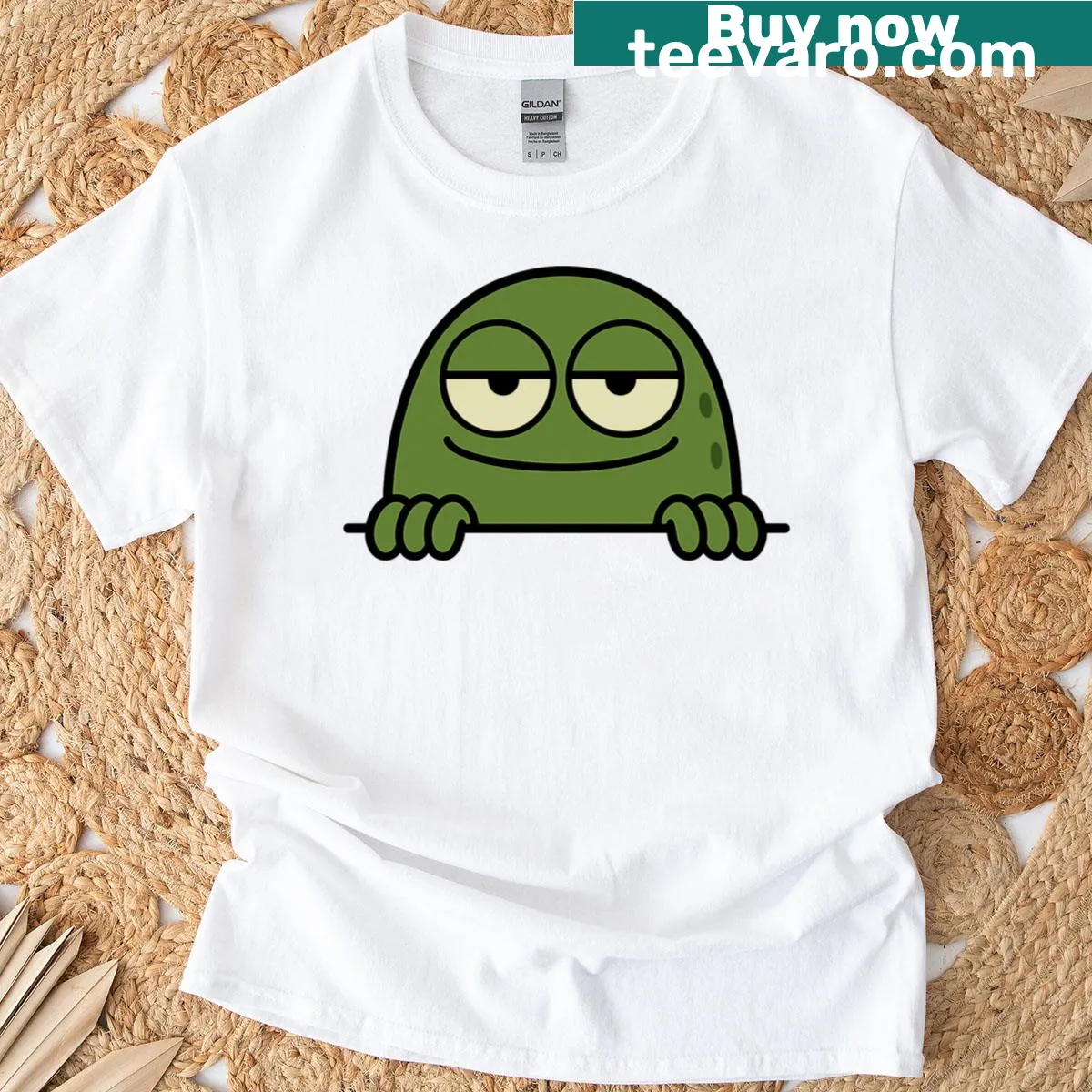 Whimsical Shwompy illustration on ledge-watching t-shirt — on a men's t-shirt