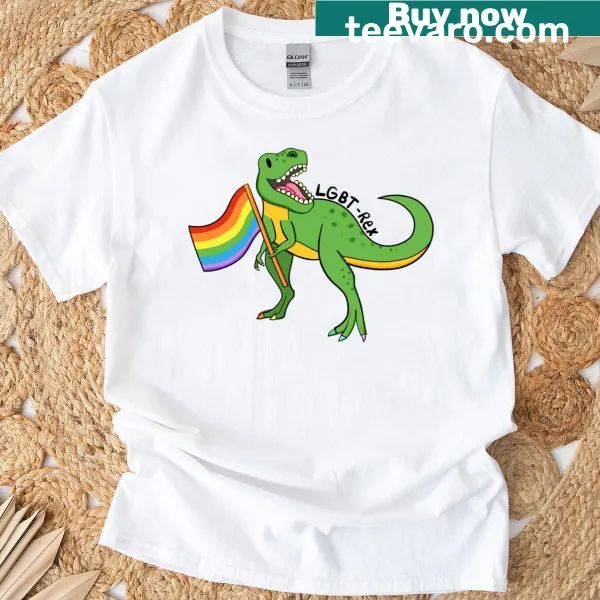 Cartoon dinosaur in LGBTQ+ colors on a t-shirt