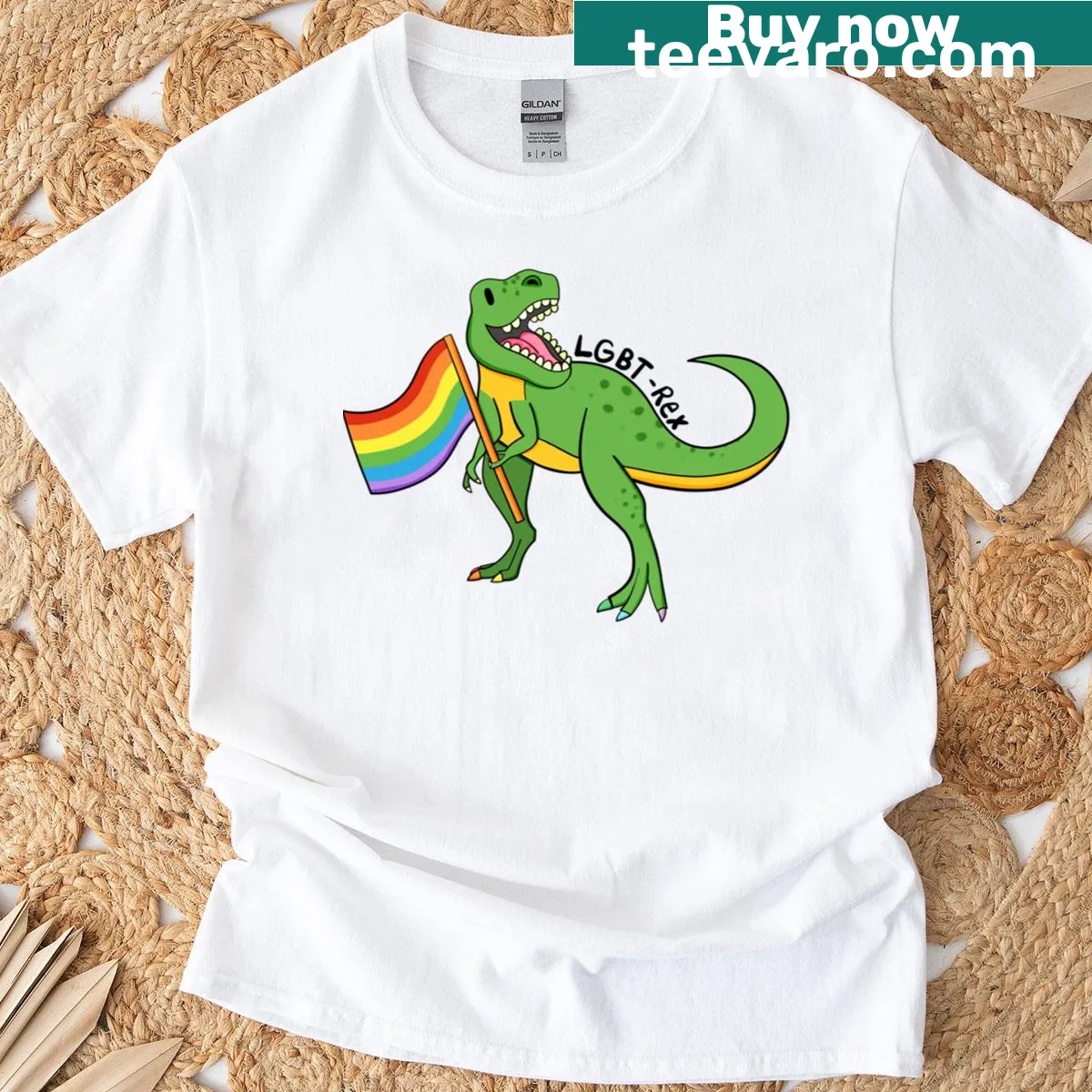 Cartoon dinosaur in LGBTQ+ colors on a t-shirt — on a men's t-shirt