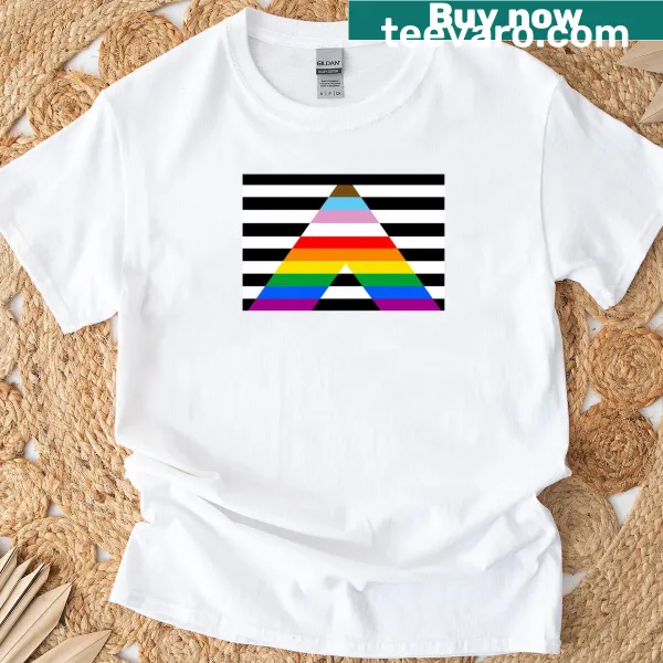 Progress Pride flag design on shirt representing LGBTQ+ allyship