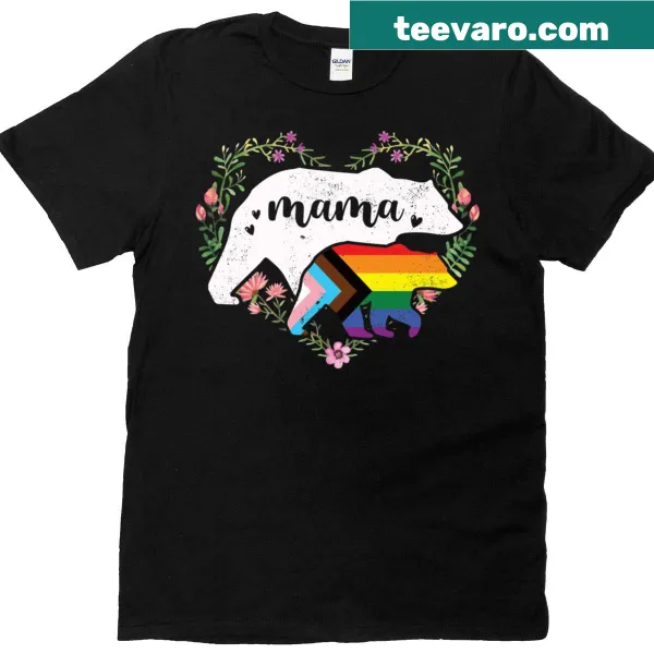Mama Bear t-shirt with Progress Pride flag design
