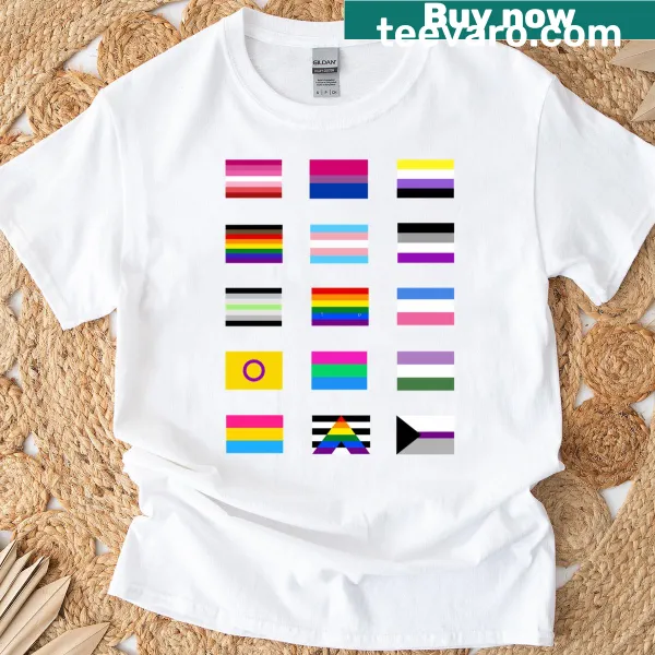 Colorful LGBTQ pride flags illustrated on a t-shirt