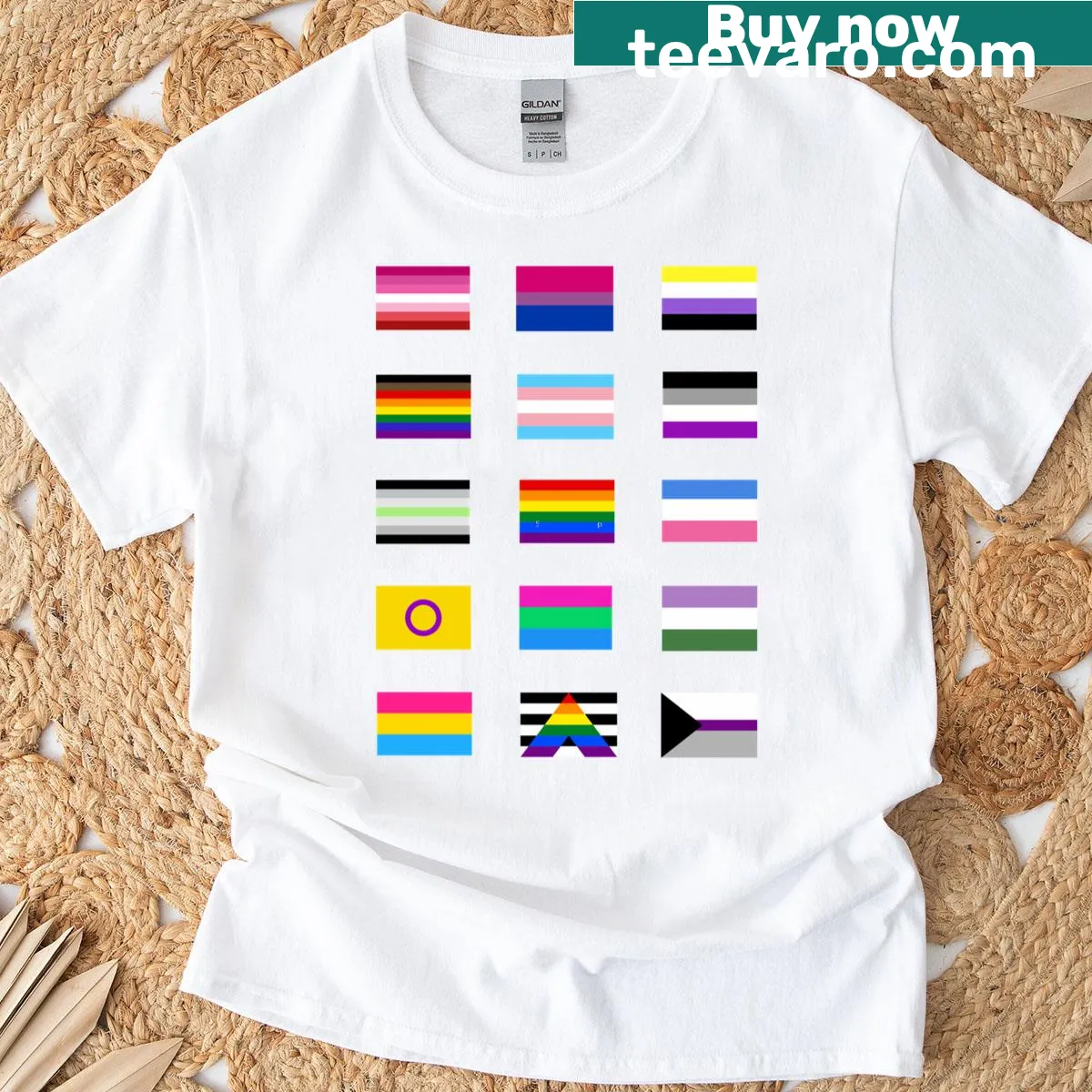 Colorful LGBTQ pride flags illustrated on a t-shirt — on a men's t-shirt