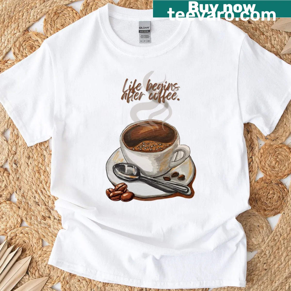 T-shirt featuring the phrase Life Begins After Coffee — on a men's t-shirt