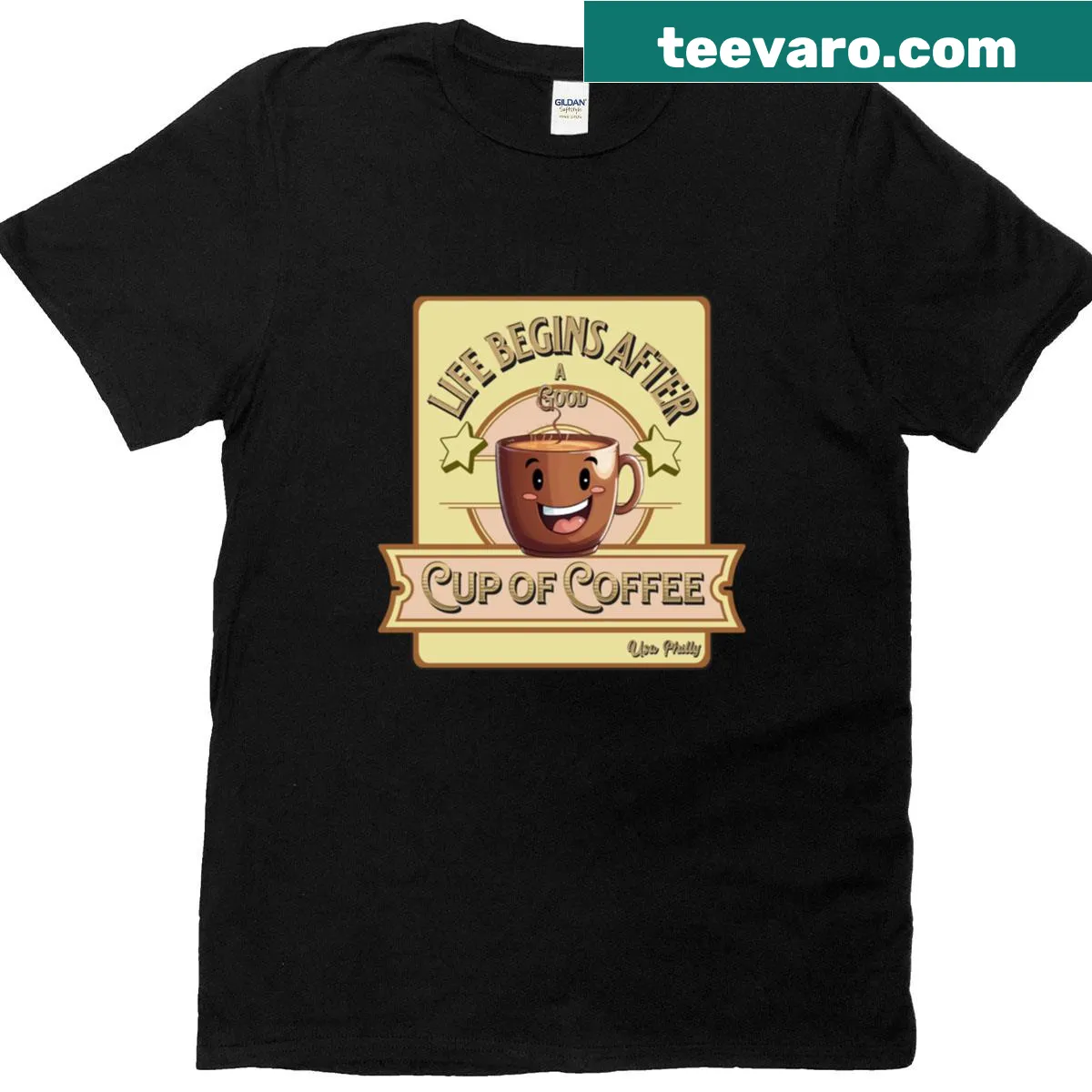 Coffee-themed t-shirt about life beginning after coffee — on a men's t-shirt
