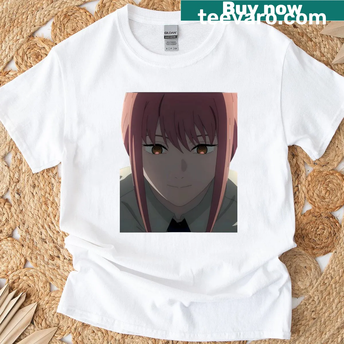 Closeup illustration of Makima from Chainsaw Man on t-shirt — on a men's t-shirt