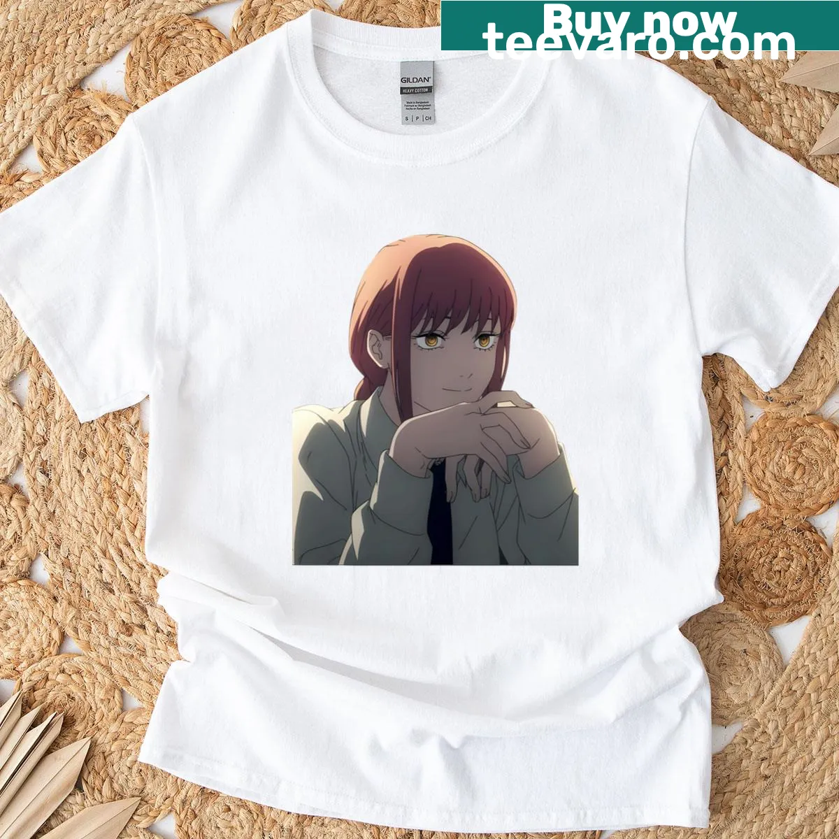 Makima from Chainsaw Man with folded hands illustrated on T-shirt — on a men's t-shirt