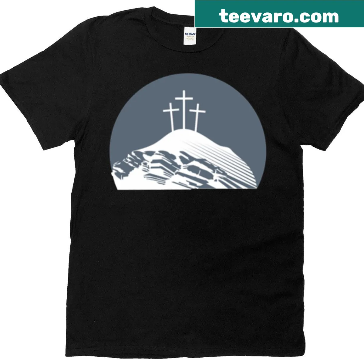 Minimalist T-shirt with three crosses silhouette against a mountain — on a men's t-shirt