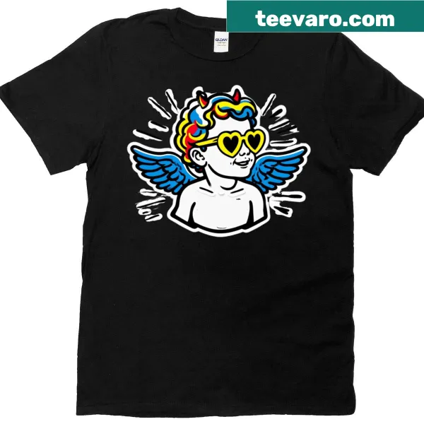 Illustration of a mischievous Cupid with angel and devil elements on a t-shirt