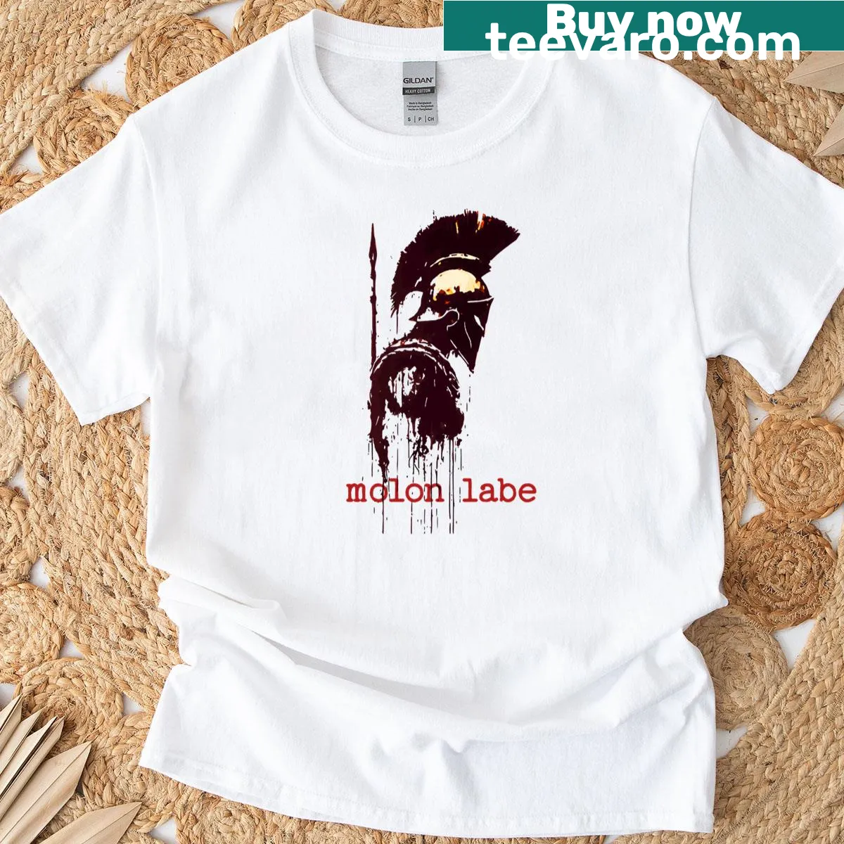 Patriotic t-shirt featuring the phrase 'Molon Labe' in bold typography. — on a men's t-shirt