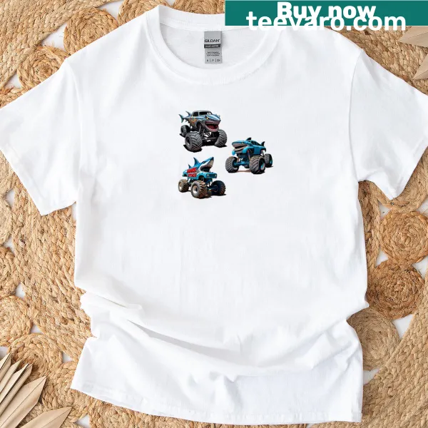 Cute T-shirt featuring a monster truck and shark graphic in comic style